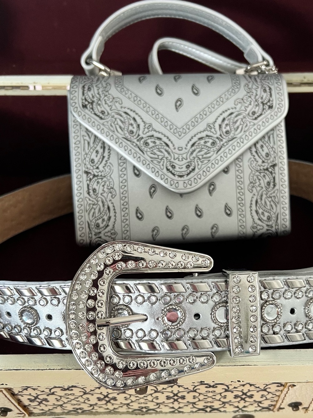 Silver Rhinestone Embellished Belt with Mini Metallic Bandana bag